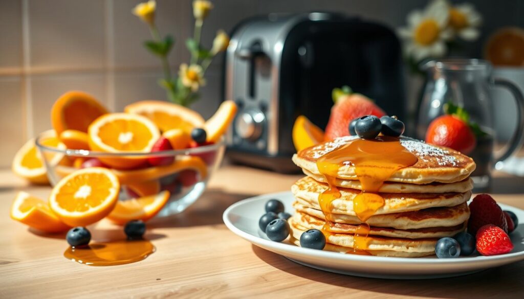 A beautifully lit kitchen counter with an array of delectable breakfast items. In the foreground, a plate showcases a stack of fluffy pancakes drizzled with golden maple syrup, accompanied by plump blueberries and a sprinkle of powdered sugar. In the middle ground, a bowl overflows with vibrant slices of fresh fruit, including juicy oranges, ripe strawberries, and crisp apple wedges. The background features a sleek, modern toaster, a carafe of steaming coffee, and a small vase of freshly cut flowers, creating a warm and inviting atmosphere. The lighting is soft and natural, casting a gentle glow over the scene, capturing the essence of a quick, satisfying breakfast.
