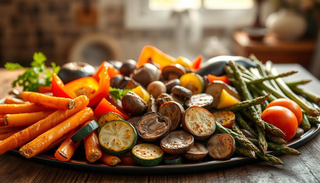 A bountiful roasted vegetable dish, featuring an array of fresh produce arranged artfully on a rustic wooden table. In the foreground, golden-brown carrots, vibrant bell peppers, and tender zucchini slices sizzle under warm, natural lighting, capturing the caramelized edges and juicy interiors. The middle ground showcases a selection of earthy mushrooms, purple-hued eggplant, and crisp asparagus spears, all delicately seasoned. In the background, a hazy, atmospheric setting evokes a cozy, homemade ambiance, inviting the viewer to savor the wholesome, flavorful meal. The composition emphasizes the vibrant colors, diverse textures, and the inherent beauty of a well-executed roasted vegetable dish.