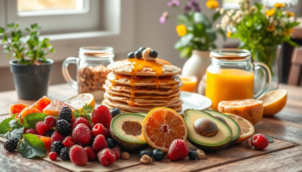 A bountiful still life of healthy brunch options arranged on a rustic wooden table, bathed in soft, natural lighting. In the foreground, a vibrant selection of fresh fruit - juicy berries, sliced citrus, and ripe avocado halves. In the middle ground, a stack of fluffy whole-grain pancakes drizzled with honey, accompanied by a jar of homemade granola and a carafe of freshly squeezed orange juice. In the background, a potted herb plant and a vase of wildflowers add a touch of greenery, complementing the earthy, inviting atmosphere. The composition is balanced and visually appealing, capturing the essence of a nourishing and delightful brunch spread.