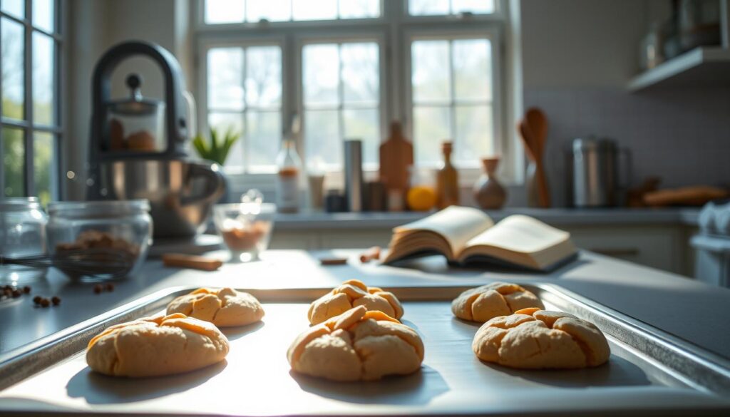 A bright, airy kitchen with natural light streaming in through large windows. On the countertop, an assortment of baking tools and ingredients, including a mixing bowl, whisk, and various spices. In the foreground, a tray of partially baked cake cookies, some slightly misshapen or cracked, serving as the focus of the scene. The cookies are backlit, creating a soft, warm glow. In the background, a recipe book lies open, its pages fluttering gently. The overall mood is one of problem-solving and culinary experimentation, inviting the viewer to investigate the common issues that can arise when baking cake cookies.