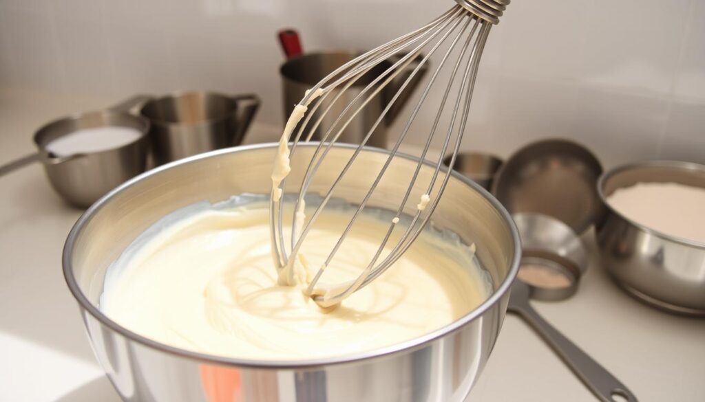 A bright, well-lit kitchen counter with various baking tools and ingredients neatly arranged. In the foreground, a stainless steel mixing bowl containing a smooth, creamy cake batter being gently stirred with a classic wire whisk. The batter's texture appears light and airy, with no visible lumps or imperfections. In the middle ground, measuring cups, spoons, and a sifter sit nearby, hinting at the careful preparation that went into the mixing process. The background features a clean, minimal tiled backsplash, providing a crisp, uncluttered backdrop to highlight the precise, well-executed cake mixing technique.