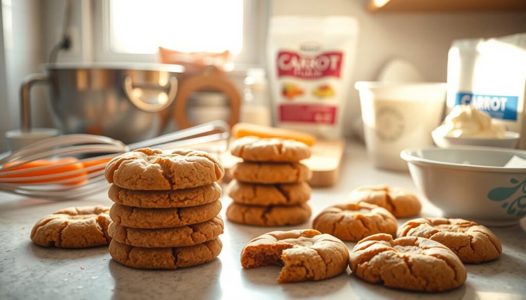 A brightly lit kitchen counter, the surface covered in a variety of baking ingredients and tools. In the foreground, a stack of freshly baked carrot cake cookies, some slightly misshapen or cracked, alongside a mixing bowl and a whisk. Behind them, a cutting board with sliced carrots, a bag of flour, and a tub of cream cheese frosting. Warm, golden light filters in through a nearby window, casting a cozy glow over the scene. The mood is one of contemplation and problem-solving, as the baker examines the imperfect cookies, searching for clues to improve the next batch.