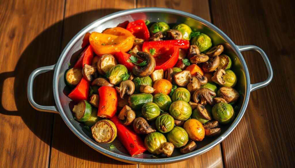 A brightly lit one-pan meal with an assortment of roasted vegetables, including vibrant bell peppers, tender zucchini, earthy mushrooms, and crisp Brussels sprouts. The vegetables are arranged in an artful, appetizing composition, drizzled with a glistening glaze and garnished with fresh herbs. The pan is set on a rustic wooden table, casting warm, diffused lighting that highlights the colors and textures of the ingredients. The overall scene conveys a sense of simplicity, wholesome nutrition, and culinary delight.
