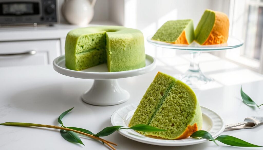A clean, well-lit kitchen counter showcases a pandan chiffon cake on a white ceramic platter. The cake is freshly baked, its vibrant green hue and fluffy, pillowy texture inviting. Nearby, a glass cake stand displays another pandan cake, perfectly sliced and ready to serve. Delicate pandan leaves artfully surround the cakes, their rich green hues and subtle fragrance complementing the desserts. Soft, natural lighting from a nearby window casts a gentle glow, enhancing the cakes' appealing appearance. The scene conveys a sense of culinary mastery and a desire to savor the flavors of this beloved Southeast Asian treat.