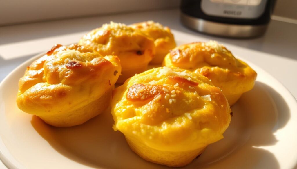 A close-up of a plate with freshly baked breakfast egg muffins, arranged in a row and dusted with a light sprinkling of grated cheese. The muffins have a golden, fluffy appearance, with a hint of browned edges, indicating a perfect balance of softness and crispiness. The lighting is warm and natural, casting gentle shadows that accentuate the texture and depth of the dish. The background is a clean, minimalist kitchen countertop, providing a simple, uncluttered setting that allows the vibrant egg muffins to take center stage. The overall mood is one of inviting, homemade comfort, perfect for a quick and nourishing morning meal.