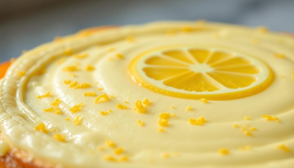 A close-up shot of a freshly baked homemade lemon cheesecake, showcasing its delicate texture. The creamy, velvety filling is adorned with a vibrant lemon zest pattern, creating a visually striking contrast. Bright, natural lighting illuminates the cake's surface, highlighting the intricate grooves and ridges that give it a professional, artisanal appearance. The image conveys a sense of tactile allure, inviting the viewer to imagine the rich, tangy flavors and the luxurious mouthfeel of this expertly crafted dessert.