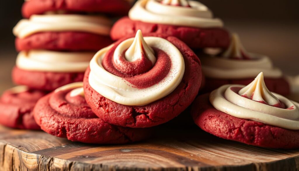 A close-up shot of a stack of freshly baked red velvet cake cookies, their deep crimson hue accented by a generous swirl of smooth, creamy cream cheese frosting. The cookies have a soft, tender crumb and a glistening, glossy finish, exuding an air of indulgence. Warm, indirect lighting casts a subtle glow, highlighting the delicate crackled texture of the frosting. The cookies are arranged on a rustic wooden surface, their edges slightly uneven, conveying a homemade, artisanal quality. The overall scene evokes a cozy, inviting atmosphere, beckoning the viewer to indulge in the rich, decadent treat.
