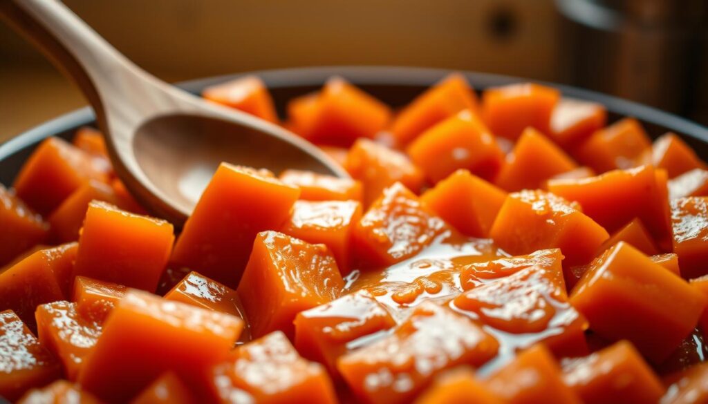 A close-up shot of freshly prepared southern-style candied yams, with a glistening glaze coating the vibrant orange tubers. The foreground features the yams neatly arranged, each piece coated in a shimmering caramelized sugar syrup that clings to the surface. In the middle ground, a wooden spoon emerges, gently stirring the yams to ensure an even coating. The background is softly blurred, suggesting a simple, rustic kitchen setting with warm, ambient lighting that enhances the rich, autumnal tones of the dish. The overall scene conveys a comforting, homemade feel, inviting the viewer to imagine the sweet, aromatic flavors of this classic southern preparation.