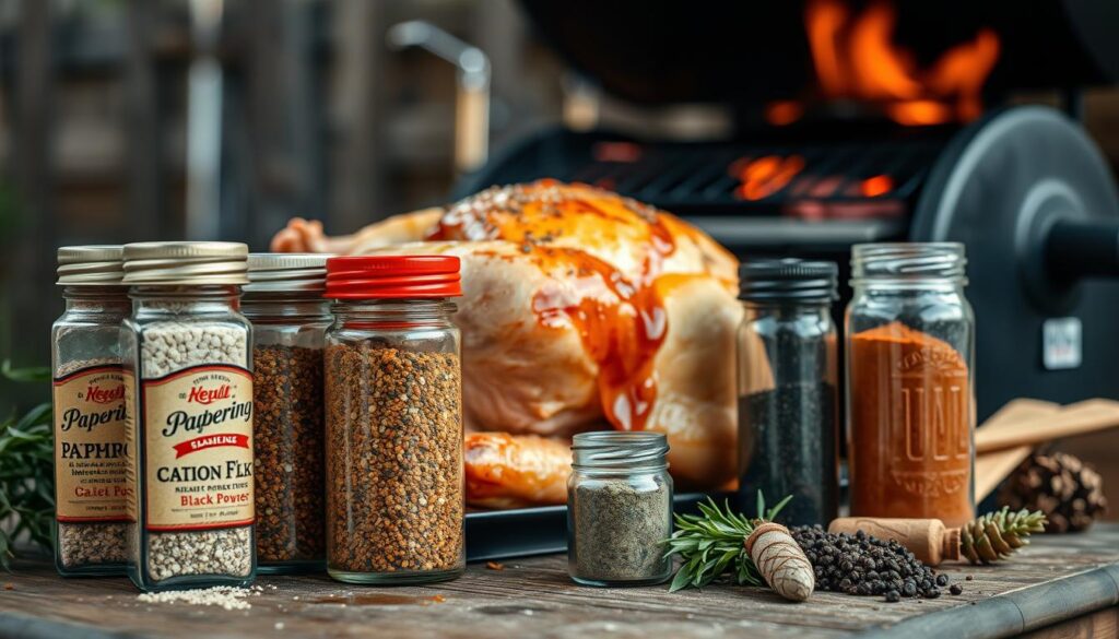 A close-up shot of various seasoning jars and spices arranged in a rustic, natural setting. In the foreground, an assortment of seasonings - paprika, garlic powder, onion flakes, black pepper, and herbs like rosemary, thyme, and oregano - are displayed against a wooden surface. The middle ground features a whole chicken, seasoned and ready for the grill, with a light glaze or marinade dripping down. In the background, a charcoal grill or smoker is visible, casting a warm, smoky atmosphere. Soft, natural lighting illuminates the scene, highlighting the vibrant colors and textures of the ingredients. The overall composition conveys a sense of culinary exploration and the perfect balance of flavors for an exceptional grilled chicken dish.
