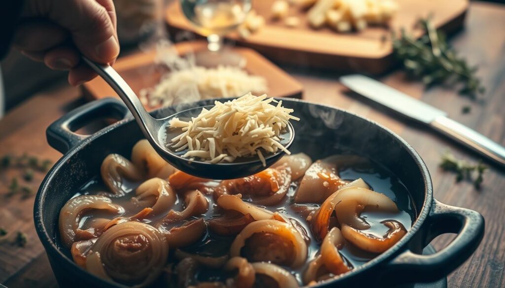 A close-up view of a chef's hands carefully preparing a gourmet French onion soup. In the foreground, thick slices of caramelized onions sizzle in a cast-iron pot, their rich aroma filling the air. In the middle ground, a ladle deftly adds fragrant beef broth, while shredded Gruyère cheese is sprinkled over the top. The background features a rustic kitchen counter, with a wooden cutting board, a sharp knife, and a few sprigs of fresh thyme, hinting at the attention to detail and high-quality ingredients used in this classic dish. The lighting is warm and inviting, creating a cozy, inviting atmosphere, as if the viewer is about to enjoy a bowl of this restaurant-quality French onion soup.