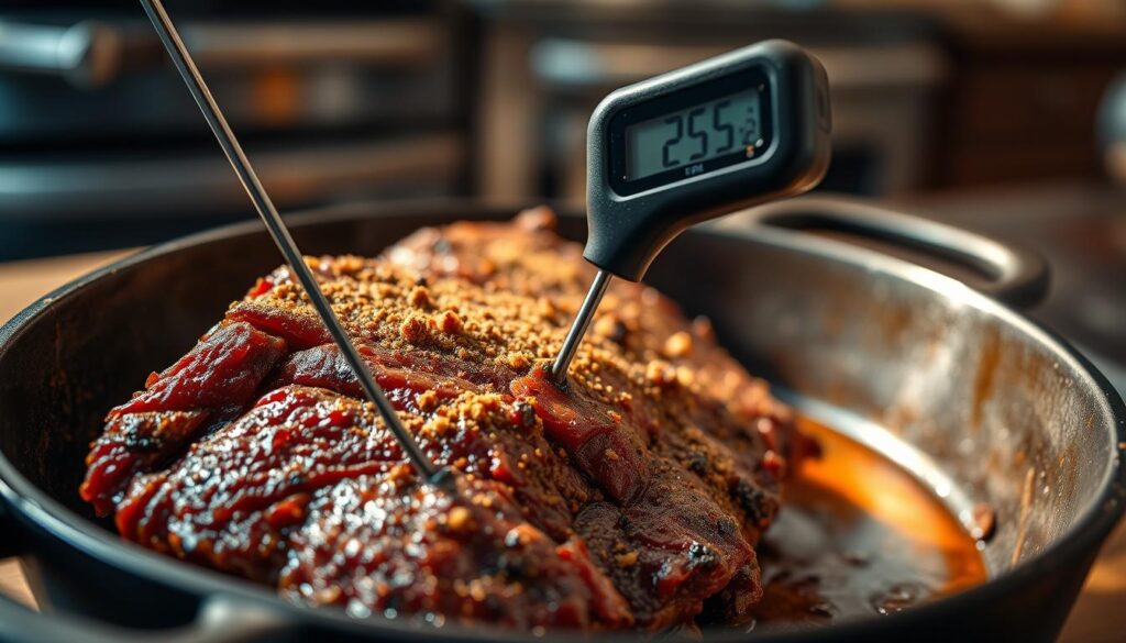 A close-up view of a digital meat thermometer probe inserted into a slab of tender beef short ribs, gently simmering in a cast-iron pan. The rich, mahogany-colored meat is lightly dusted with a blend of aromatic spices, emitting tantalizing aromas. Soft, diffused lighting casts warm shadows, highlighting the juicy texture and precise temperature reading. In the background, a blurred scene of a cozy kitchen, with hints of stainless steel appliances and wooden surfaces, creating a sense of culinary expertise and control. The overall mood is one of precision, patience, and the art of perfecting the ideal short rib dish.