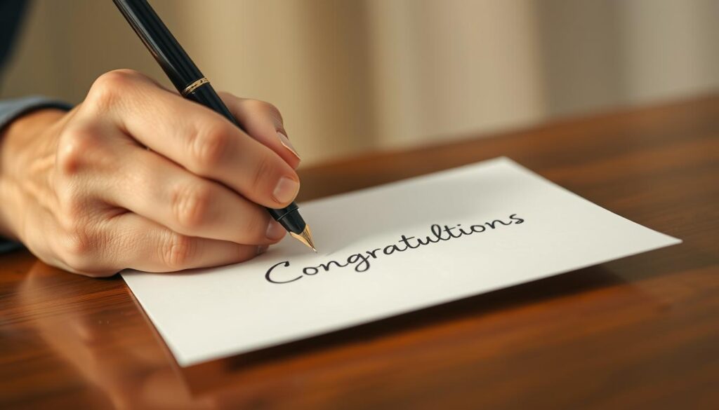 A close-up view of a person's hands writing a congratulatory message on a crisp, clean sheet of paper with a high-quality fountain pen. The paper is set against a soft, out-of-focus background, creating a sense of focus and attention on the writing process. The lighting is warm and natural, highlighting the texture of the paper and the fluidity of the pen strokes. The overall composition is symmetrical and balanced, conveying a sense of care and thoughtfulness in the act of crafting a special message. The mood is one of celebration and sincere well-wishes.