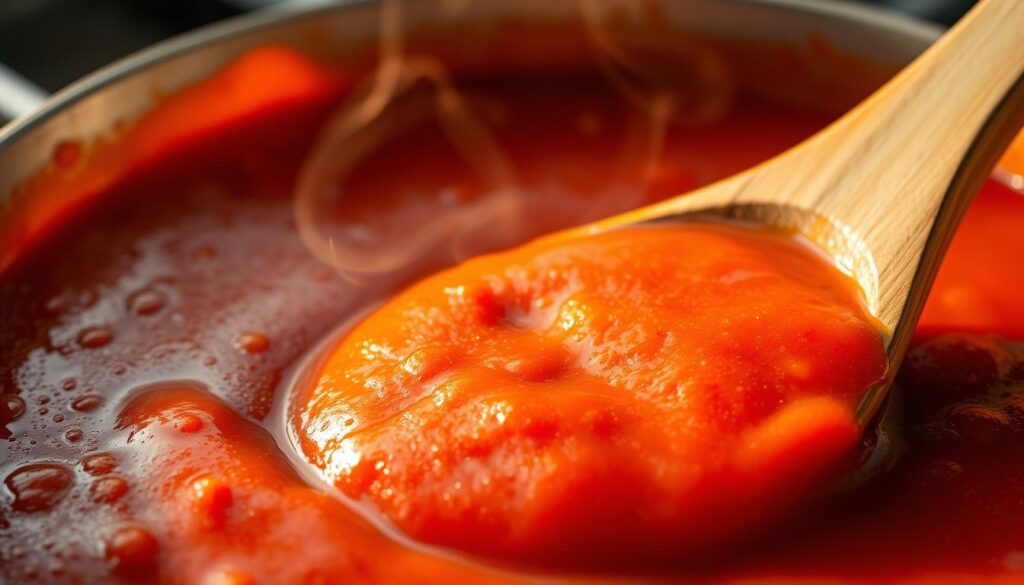 A close-up view of a wooden spoon gently swirling through a vibrant tomato sauce, revealing its smooth, velvety consistency. The sauce simmers gently on a rustic stovetop, casting warm, golden light across the scene. Wisps of steam curl upwards, adding a sense of homemade comfort. The composition emphasizes the rich, deep red hue of the sauce, inviting the viewer to imagine its flavor. The focus is sharp, drawing the eye to the texture and movement of the sauce, while the background remains softly blurred, creating a sense of intimacy and attention to detail.