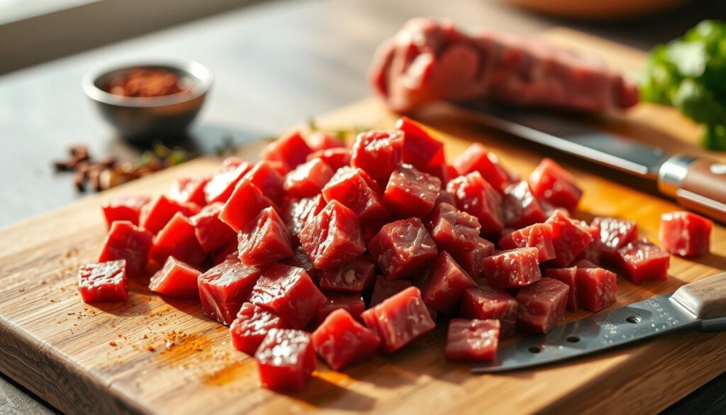 A close-up view of freshly cut beef cubes on a wooden cutting board, with a sharp knife and spices nearby. The cubes are evenly sized, with a deep red color and a slight marbling of fat. The lighting is warm and natural, casting soft shadows that accentuate the texture of the meat. The background is blurred, keeping the focus on the meat preparation process. The overall atmosphere is one of culinary precision and attention to detail, conveying the importance of proper meat preparation for a juicy, tender steak kebab.
