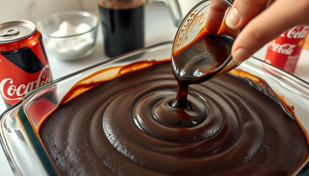 A close-up view of the preparation steps for a classic Coca-Cola cake. The foreground features a glass baking dish filled with rich, dark chocolate cake batter, with a can of Coca-Cola and measuring cups nearby. In the middle ground, a hand is gently folding in the cola into the batter, creating a swirling, bubbly texture. The background showcases a clean, white kitchen countertop, with a few basic baking ingredients like flour and sugar visible. The lighting is soft and natural, casting a warm, inviting glow over the scene. The overall mood is one of homey, nostalgic comfort, perfectly capturing the process of making this beloved, old-fashioned dessert.