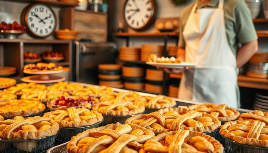 A cozy bakery interior, warm lighting casting a golden glow over a display of freshly baked pies. In the foreground, a tray of just-pulled apple pies, their flaky crusts still steaming, surrounded by an assortment of berry, pumpkin, and pecan pies. In the middle ground, a cheerful baker in a crisp white apron expertly plates a slice, highlighting the mouthwatering layers of fruit and buttery pastry. In the background, a vintage analog clock shows the perfect time to visit, capturing the optimal window for enjoying these delectable homemade treats at the peak of freshness.