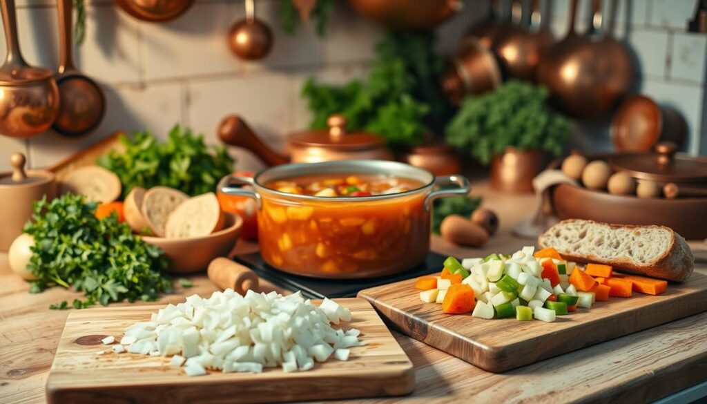 A cozy kitchen counter, bathed in warm lighting, showcases an array of hearty soup ingredients. In the foreground, a large pot simmers with a rich, aromatic broth, surrounded by chopped vegetables, fresh herbs, and crusty bread slices. In the middle ground, a wooden cutting board displays diced onions, carrots, and celery, ready to be added to the pot. The background features a vintage, rustic-inspired setting, with copper pots and pans hanging from the walls, hinting at the comforting, homemade nature of the dish. The overall scene evokes a sense of nourishment, wholesome simplicity, and the pleasures of a satisfying one-pot soup preparation.
