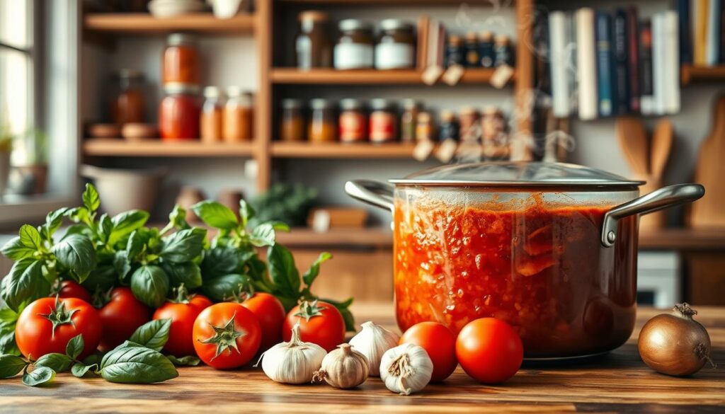 A cozy kitchen scene, soft natural lighting illuminating a wooden table. In the foreground, a variety of fresh ingredients - ripe tomatoes, fragrant basil, garlic, and onions. In the middle ground, a large saucepan simmering with a rich, bubbling marinara sauce. Steam rises gently, hinting at the savory aroma. In the background, shelves lined with jars and cookbooks, adding a sense of homely authenticity. The composition conveys a process of hearty, homemade preparation, inviting the viewer to imagine the satisfying steps of crafting the perfect marinara sauce.