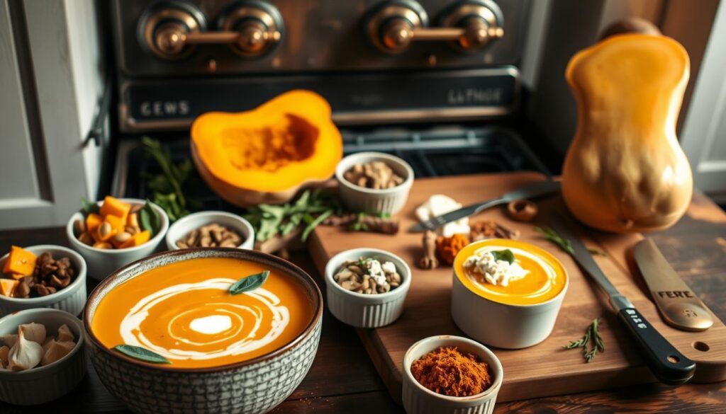 A cozy kitchen scene with an array of creative butternut squash soup variations. In the foreground, a large bowl of vibrant orange soup, garnished with swirls of crème fraîche, toasted pumpkin seeds, and crispy sage leaves. Surrounding the bowl, an assortment of small ramekins containing toppings and mix-ins - roasted garlic cloves, caramelized onions, crumbled feta, and a sprinkle of smoked paprika. In the middle ground, a wooden cutting board displays halved butternut squashes, their golden flesh exposed, alongside fresh herbs, spices, and a drizzle of olive oil. The background features a vintage stove, its cast-iron grates and brass accents reflecting a warm, cozy glow. Soft, diffused lighting casts gentle shadows, creating a harmonious and inviting atmosphere.
