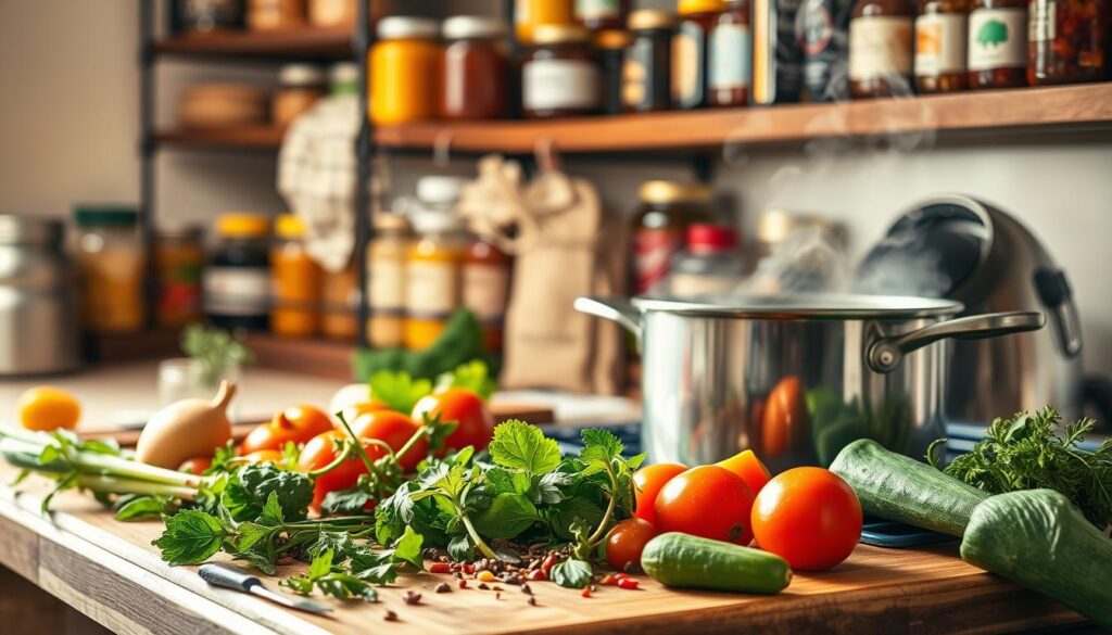 A cozy kitchen scene with an assortment of innovative soup flavors simmering on the stove. In the foreground, a wooden cutting board holds vibrant vegetables, herbs, and spices ready to be incorporated. In the middle ground, a large pot emits enticing steam, hinting at the creative combinations within. The background features shelves stocked with jars of unique soup bases and garnishes, suggesting a well-stocked pantry for crafting customized soups. Warm, soft lighting illuminates the scene, creating an inviting atmosphere. The overall mood is one of culinary experimentation and the joy of discovering new flavor profiles.
