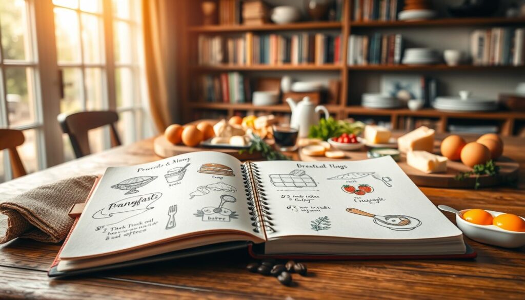 A cozy, rustic brunch menu planning scene. In the foreground, an open sketchbook with hand-drawn breakfast item illustrations - pancakes, waffles, fresh fruit, a cheese board. Midground, a wooden table with assorted brunch ingredients - eggs, herbs, butter, syrup, coffee beans. Warm, natural lighting filters through a large window, casting a soft glow. In the background, shelves lined with cookbooks and serving platters. The atmosphere is relaxed, inviting, and full of the promise of a delicious, satisfying brunch spread.