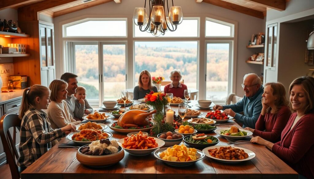 A cozy, well-lit kitchen with a large wooden table in the center, set for a family celebration meal. In the foreground, a variety of seasonal dishes and platters are arranged, including a roast turkey, mashed potatoes, steamed vegetables, and a delectable dessert. Family members, from young to old, are seated around the table, engaged in lively conversation and laughter. The middle ground features a welcoming open-concept layout, with shelves displaying family heirlooms and cookbooks. Soft, warm lighting casts a gentle glow, and large windows in the background offer a glimpse of a picturesque autumn landscape outside. The overall atmosphere exudes a sense of togetherness, comfort, and the joy of sharing a special occasion.