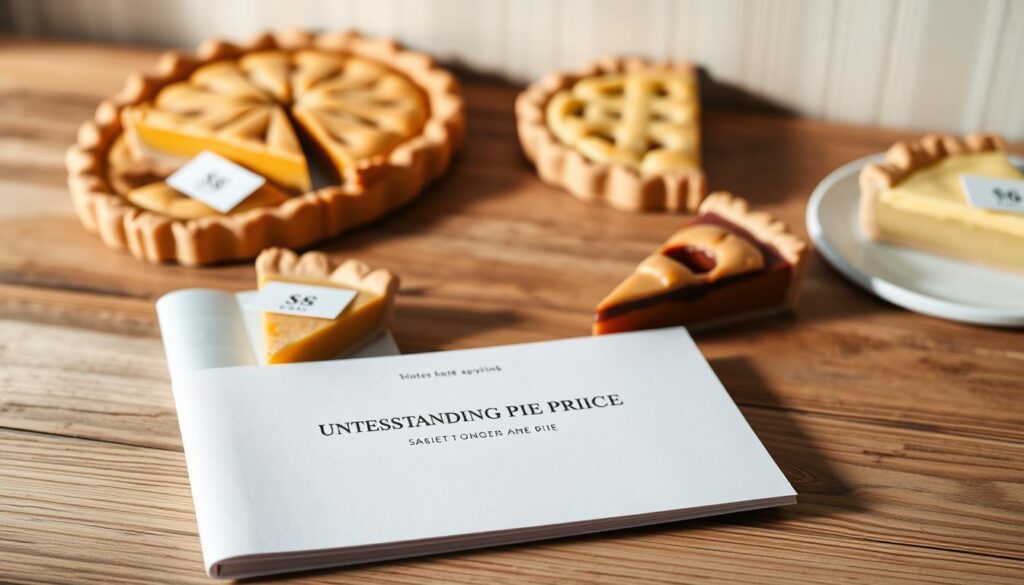 A crisp, clean, and visually appealing pie pricing guide with a minimalist design. The guide should be displayed on a wooden surface, with a soft, warm lighting casting gentle shadows. The foreground should feature a neatly arranged selection of different pie slices, each with a clear and legible price tag. The middle ground should include a simple, elegant typography showcasing the section title "Understanding Pie Pricing and Value". The background should have a subtle, textured wallpaper or fabric pattern that complements the overall color scheme, which should be a harmonious blend of earthy tones and muted pastels. The image should convey a sense of quality, value, and the inviting allure of delicious homemade pies.