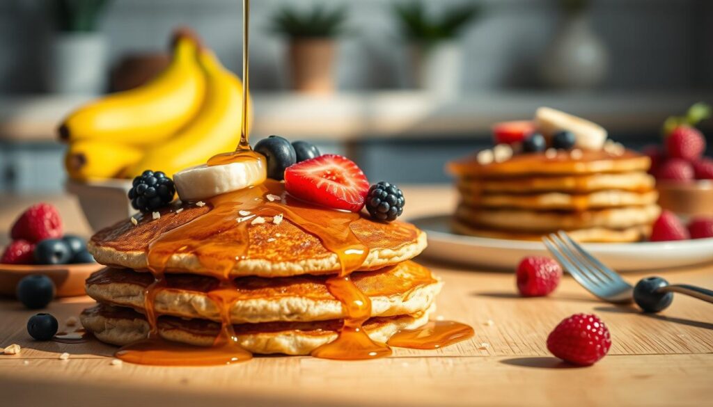 A delectable arrangement of golden-brown banana oatmeal pancakes, drizzled with honey and adorned with fresh berries, capturing the essence of a nourishing and satisfying breakfast. The pancakes are nestled on a wooden table, bathed in soft, warm lighting that casts a cozy, inviting atmosphere. In the background, a minimalist kitchen setting with subtle hints of natural elements, such as potted plants or a simple vase, adds to the overall harmonious and wholesome aesthetic. The composition emphasizes the visual appeal and the mouthwatering qualities of this delightful breakfast option, perfectly complementing the "Delicious Banana Oatmeal Pancakes" section of the article.