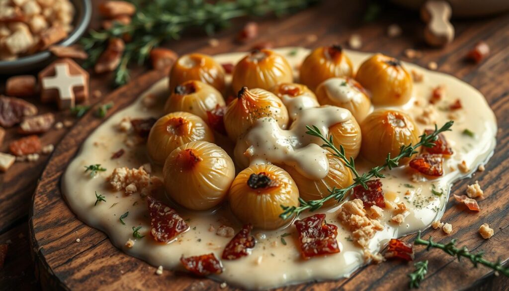 A delectable array of pearl onions nestled in a creamy, fragrant sauce, artfully arranged on a rustic wooden table. The onions, burnished to a golden hue, glisten with a hint of caramelization, their tender cores peeking through. Surrounding them, an array of tempting accompaniments - crisped pancetta, fresh thyme sprigs, a scattering of toasted breadcrumbs, and a drizzle of rich, velvety béchamel. The scene is bathed in soft, warm lighting, casting a cozy, inviting atmosphere, perfect for a comforting holiday or dinner table display.