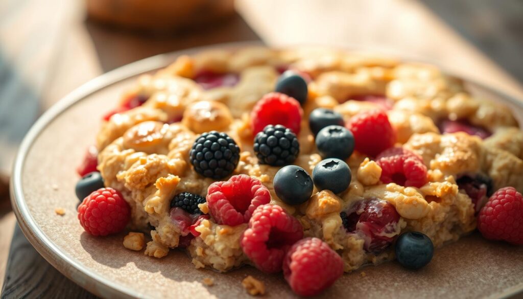 A delectable breakfast delight, a warm and inviting baked oatmeal dish with a medley of plump, juicy berries nestled within. The golden-brown crust glistens under soft, natural lighting, capturing the enticing aroma that beckons the senses. Bathed in a gentle haze, the creamy oatmeal base is dotted with vibrant raspberries, blueberries, and blackberries, creating a visually stunning and harmonious composition. The scene is set against a rustic, wooden surface, conveying a cozy, homemade ambiance. The overall mood is one of comfort, nourishment, and a touch of indulgence, inviting the viewer to savor every bite of this delightful baked oatmeal with mixed berries.