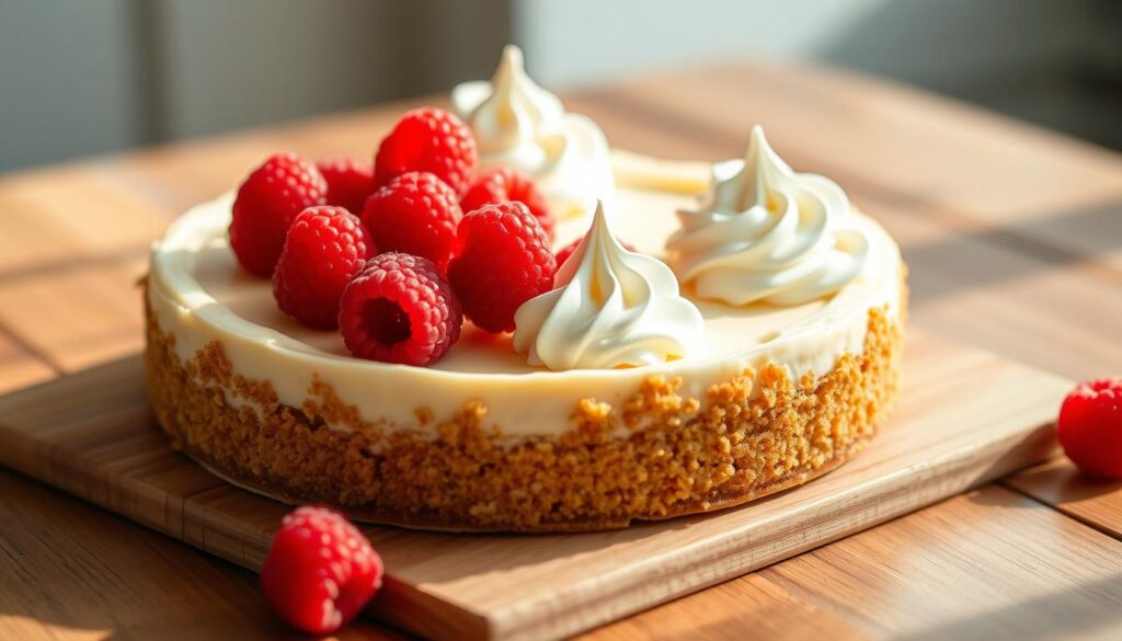 A delectable no-bake cheesecake resting on a wooden surface, bathed in soft, natural lighting. The smooth, creamy texture of the filling is complemented by a crisp, golden graham cracker crust. Luscious dollops of freshly whipped cream and vibrant red raspberries adorn the dessert, creating a visually appealing and appetizing display. The scene exudes a sense of simplicity and elegance, perfectly capturing the essence of a no-bake cheesecake recipe.