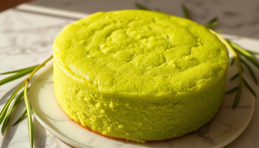 A delectable pandan cake resting on a marble countertop, its vibrant green hue shimmering under warm, natural lighting. The cake's fluffy texture is evident, with a subtle sheen on the surface. Surrounding the cake are a few fresh pandan leaves, their slender, striped blades adding a touch of rustic elegance. The scene exudes a sense of homemade, effortless charm, inviting the viewer to imagine the aromatic, sweet flavors of this easy, no-separate-eggs pandan cake.