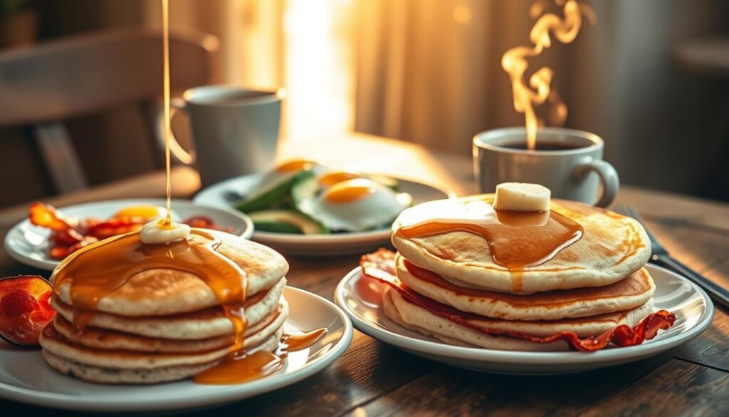 A delightful arrangement of mouthwatering breakfast foods on a rustic wooden table, bathed in warm, golden morning light. In the foreground, a stack of fluffy pancakes drizzled with maple syrup, accompanied by crispy, golden-brown bacon rashers. In the middle ground, a plate of perfectly poached eggs, their yolks glistening, alongside a pile of freshly sliced avocado. In the background, a steaming mug of rich, aromatic coffee, its steam curling gently. The scene exudes a sense of effortless elegance and the promise of a satisfying, energy-boosting start to the day.