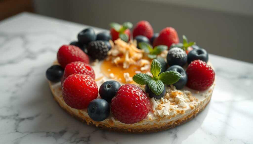 A delightful array of decadent cheese cake toppings, artfully arranged on a sleek marble surface. In the foreground, plump fresh berries, glistening with a light glaze, nestle alongside a sprinkling of toasted coconut flakes. The middle ground showcases a drizzle of rich caramel sauce, its golden hue lending a touch of elegance. Delicate sprigs of mint and a dusting of powdered sugar add a refreshing contrast, while the background features a soft, diffused lighting that creates a warm, inviting atmosphere. This visually captivating display captures the essence of creative cheese cake decoration, inspiring culinary creativity and a mouthwatering anticipation.