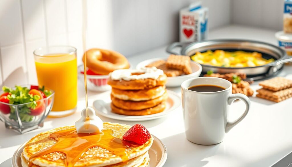 A delightful array of speedy breakfast options on a crisp, white countertop, basking in soft, natural lighting. In the foreground, a stack of fluffy pancakes drizzled with golden honey, alongside a vibrant fruit salad and a steaming mug of aromatic coffee. In the middle ground, a toasted bagel with a creamy spread, accompanied by a freshly squeezed orange juice. In the background, a sizzling omelet with diced vegetables, complemented by a selection of crunchy granola bars and a carton of yogurt. The scene exudes a sense of effortless morning preparation, perfect for fueling a productive day ahead.