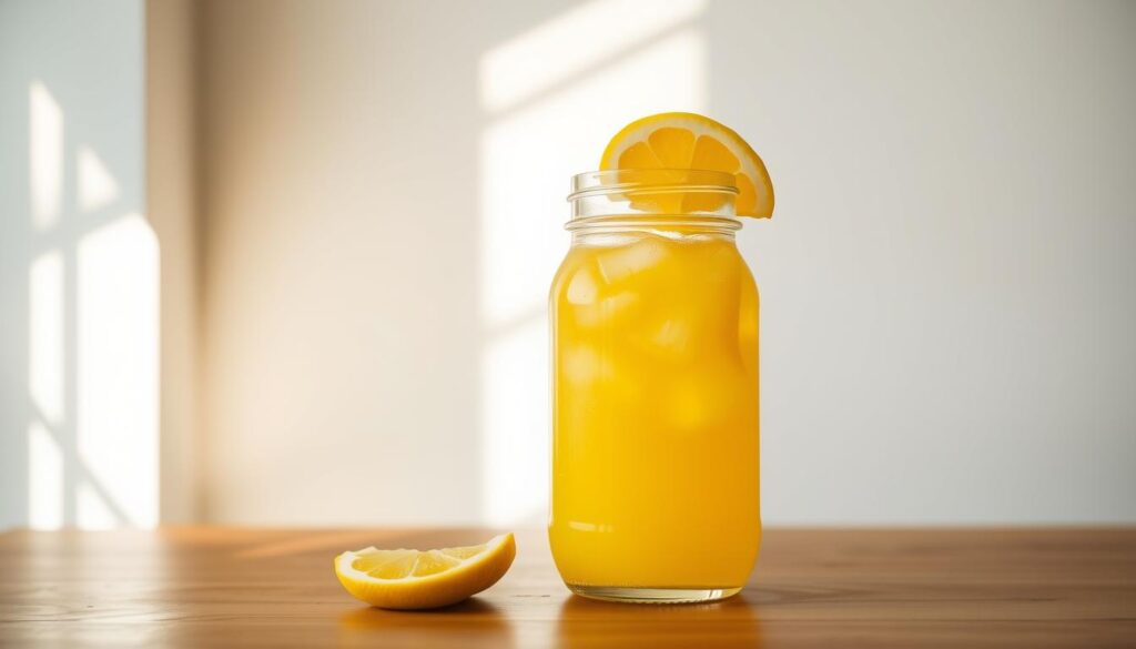 A glass jar filled with vibrant mango lemonade stands on a wooden table, sunlight streaming through a nearby window, casting warm, golden hues across the scene. The lemonade appears chilled, with slices of fresh mango and lemon adorning the rim of the jar. In the background, a simple white wall provides a clean, minimalist backdrop, allowing the refreshing drink to take center stage. The overall composition evokes a sense of homemade goodness and a desire to savor the perfect summer thirst-quencher.