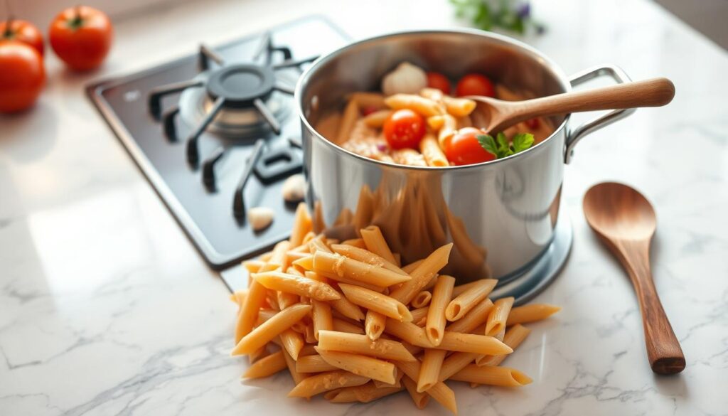 A gleaming stainless steel pot on a quartz countertop, filled with creamy penne vodka sauce. Tomatoes, garlic, and aromatic herbs simmer on the stovetop, casting a warm glow. Nearby, a wooden spoon rests, ready to stir the simmering sauce. The scene is bathed in soft, diffused lighting, creating an inviting and mouthwatering atmosphere. The camera angles capture the preparation process, highlighting the rich, velvety texture of the sauce as it coats the penne pasta. A sense of culinary mastery and attention to detail permeates the frame, drawing the viewer in to experience the making of the perfect vodka sauce.