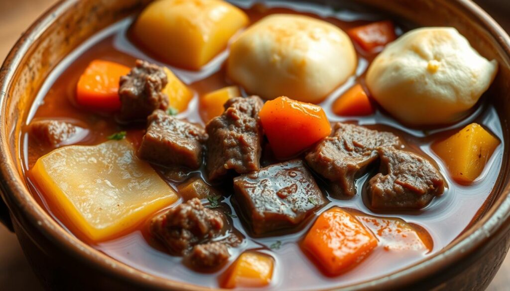 A hearty and comforting classic beef stew, featuring tender chunks of beef simmered in a rich, savory broth with golden potatoes, carrots, onions, and fragrant herbs. The stew is presented in a rustic ceramic bowl, its surface glistening with a thick, glossy texture. The potatoes are fork-tender, their skins lightly crisp. Wisps of steam rise from the stew, hinting at the warmth and satisfying flavors within. Soft, pillowy dumplings crown the dish, adding a touch of indulgence. Warm, natural lighting casts a cozy glow, highlighting the depth of color and texture of the ingredients. This is a quintessential, homestyle beef stew, perfect for soothing the soul and satisfying hearty comfort food cravings.