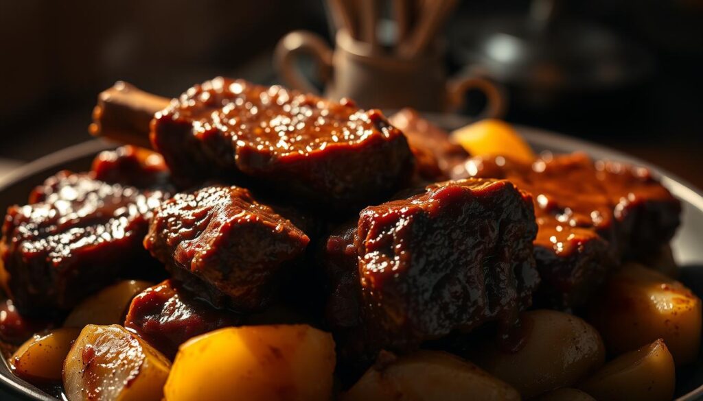 A hearty braised short rib dish with tender, fall-off-the-bone meat nestled atop a bed of roasted golden potatoes. The rich, savory aroma fills the air, drawing in the senses. Soft, buttery potatoes contrast with the caramelized exterior of the short ribs, dressed in a thick, glossy sauce. Dramatic low-angle lighting casts dramatic shadows, highlighting the textural details. The scene is framed with a shallow depth of field, placing the main dish in sharp focus while softening the background. An inviting, comfort food-inspired tableau, perfect for a cozy winter meal.
