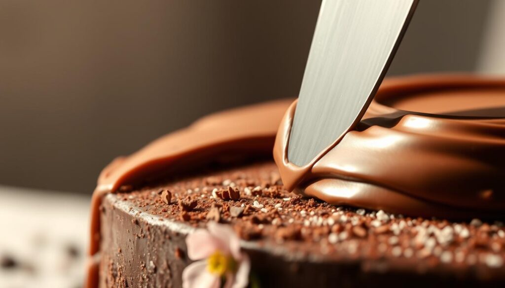 A lush, close-up view of a professional chocolate cake frosting technique. In the foreground, a smooth, glossy chocolate ganache frosting is being expertly applied to the sides of a rich, dark chocolate cake with a palette knife, creating elegant, sweeping curves. The frosting glistens under warm, directional lighting, casting subtle shadows that accentuate the texture. In the middle ground, a variety of chocolate shavings, cocoa powder, and edible flowers are neatly arranged, adding visual interest and a sense of artistry. The background is softly blurred, allowing the viewer to focus solely on the mesmerizing frosting process. The overall mood is one of indulgence, precision, and the delightful mastery of a classic chocolate dessert.