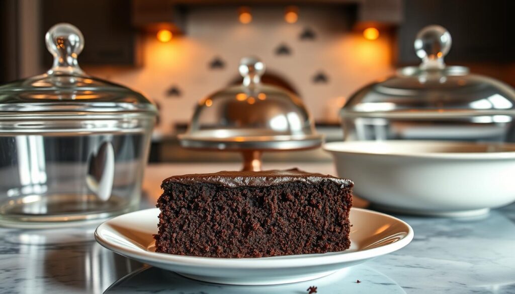 A lush, dimly lit kitchen interior. In the foreground, a slice of flourless chocolate torte sits atop a white porcelain plate, its rich, fudgy texture glistening under warm, soft lighting. Surrounding the plate, various storage solutions come into focus - an airtight glass container, a metal cake dome, and a chilled ceramic dish, all showcasing different techniques to preserve the torte's moist, decadent crumb. In the background, a marble countertop and brushed copper accents create an elegant, refined atmosphere, complementing the luxurious dessert. The scene conveys the care and attention needed to store this indulgent, make-ahead treat.