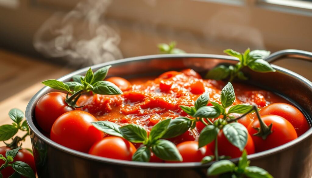 A lush, vibrant still life scene of a fresh basil tomato sauce. Plump, ripe tomatoes, deep red in color, are simmering in a heavy-bottomed pan, releasing their sweet, tangy aroma. Sprigs of fragrant basil, their green leaves glistening, are carefully arranged around the pan, their delicate flavors infusing the sauce. Warm, diffused lighting from a window casts a soft glow, highlighting the rich textures and colors. The composition is balanced, with the sauce taking center stage, surrounded by a minimalist background that allows the ingredients to shine. This image evokes the comforting, homemade feel of a classic Italian tomato sauce, brimming with the natural flavors of the season's best produce.