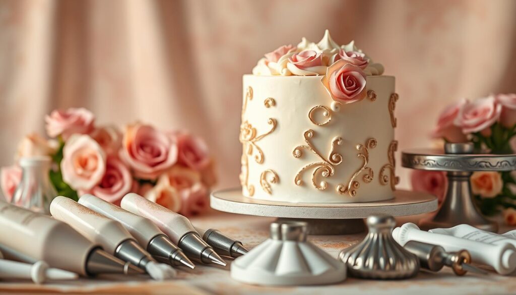 A meticulously detailed scene of cake decorating techniques. In the foreground, a selection of decorative piping bags, turntables, and fondant modeling tools arranged neatly. In the middle ground, a masterfully iced cake with elaborate floral designs, delicate piped details, and shimmering edible glitter. The background features a soft, warm-toned backdrop with a vintage inspired aesthetic, casting a gentle glow over the scene. Crisp, high-resolution photography with a shallow depth of field, highlighting the intricate textures and craftsmanship of the cake decorating process.