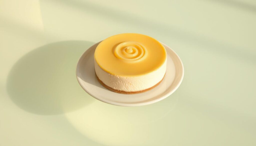 A mouth-watering lemon cheesecake resting on a pristine white plate, its surface adorned with a delicate swirl of creamy lemon filling. The cake is set within a shallow water bath, the clear liquid gently lapping at the sides, creating a serene and tranquil scene. Soft, natural lighting from above casts a warm, golden glow, accentuating the cake's silky texture and vibrant lemon hue. The composition is balanced, with the cake occupying the central focus, surrounded by a minimalist background that allows the dessert to take center stage. Subtle reflections in the water bath mirror the cake's elegant form, adding depth and a sense of refinement to the overall image.