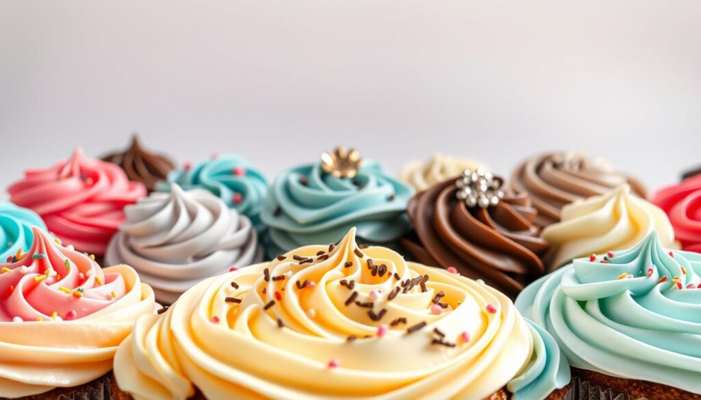 A neatly arranged display of delectable ice cream cake decorations, captured under soft, natural lighting. The foreground features intricately piped buttercream in vibrant colors, adorned with delicate swirls, intricate patterns, and precisely placed toppings like sprinkles, chocolate shavings, and fresh fruit. The middle ground showcases a variety of decorative techniques, including smooth fondant finishes, textured brushstrokes, and shimmering metallic accents. In the background, a pristine, minimalist backdrop provides a clean, professional setting, allowing the decorative elements to take center stage. The overall composition exudes a sense of elegance, precision, and the mastery of ice cream cake artistry.