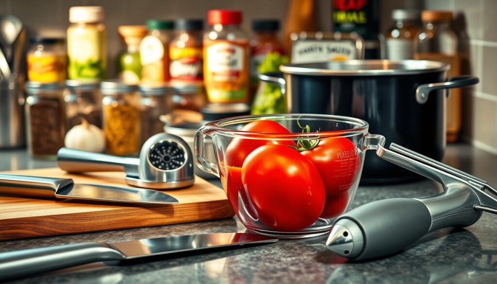 A neatly arranged kitchen counter, illuminated by warm, natural lighting. In the foreground, a collection of essential tomato sauce preparation tools - a stainless steel chef's knife, a sturdy cutting board, a garlic press, and a handheld potato masher. In the middle ground, a large saucepan, a colander, and a glass measuring cup filled with fragrant, ripe tomatoes. In the background, jars of spices and herbs, their labels facing the camera, creating a sense of organization and culinary expertise. The overall scene conveys a sense of preparation, precision, and the joy of creating a homemade tomato sauce.