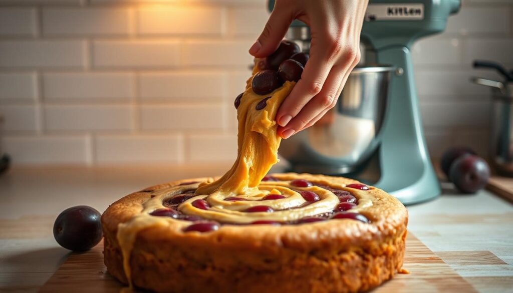 A neatly arranged kitchen counter showcases the baking process of a moist plum cake. In the foreground, a chef's hands carefully fold in moist, ripe plums into a rich, golden batter, creating a delectable swirling pattern. Warm, soft lighting from above casts a cozy glow, highlighting the tender crumb and moist texture of the cake. In the middle ground, a vintage mixer stands ready, its chrome accents gleaming. The background features a wall of subway tiles, lending a timeless, professional kitchen ambiance. The scene conveys the art of achieving the perfect moisture and flavor balance in a homemade plum cake, ready to be savored.