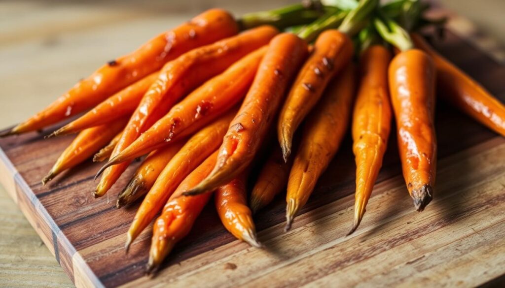 A neatly arranged set of roasted carrots on a rustic wooden cutting board, capturing the temperature guidelines for optimal roasting. The carrots are evenly cooked, with a golden-brown exterior and a tender, caramelized interior. Soft, natural lighting from the side highlights the vibrant orange hues and creates subtle shadows, emphasizing the textural details. The background is slightly blurred, drawing the viewer's attention to the main subject. The image conveys a sense of culinary expertise and attention to detail, perfectly suited for the "Temperature and Timing Guidelines" section of the article.