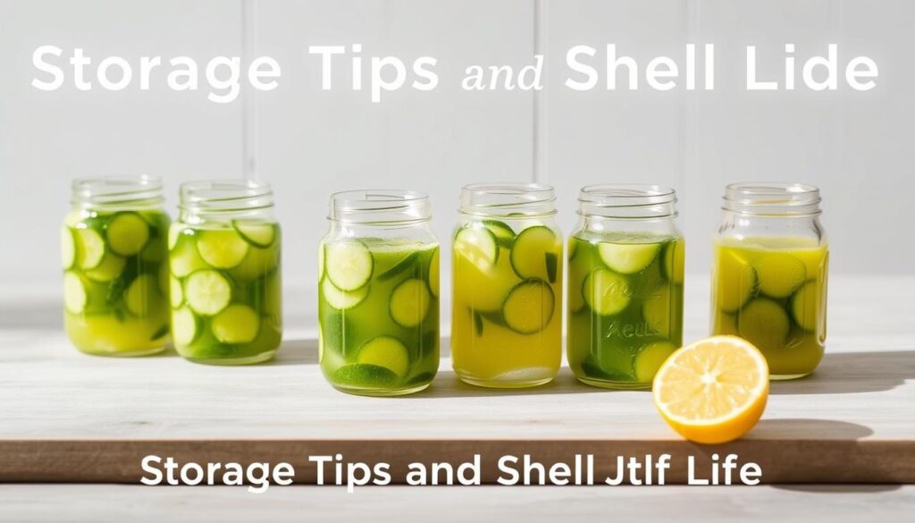 A neatly arranged table top showcasing a collection of freshly made cucumber lemonade in clear glass jars, their contents illuminated by soft, natural lighting. The jars are placed against a simple, minimalist backdrop, perhaps a white wall or wooden surface, allowing the vibrant green and yellow hues of the juice to take center stage. The scene conveys a sense of cleanliness, purity, and wellness, hinting at the nutritious and refreshing qualities of the beverage. The overall composition is balanced and visually appealing, providing clear visual cues for the "Storage Tips and Shelf Life" section of the article.
