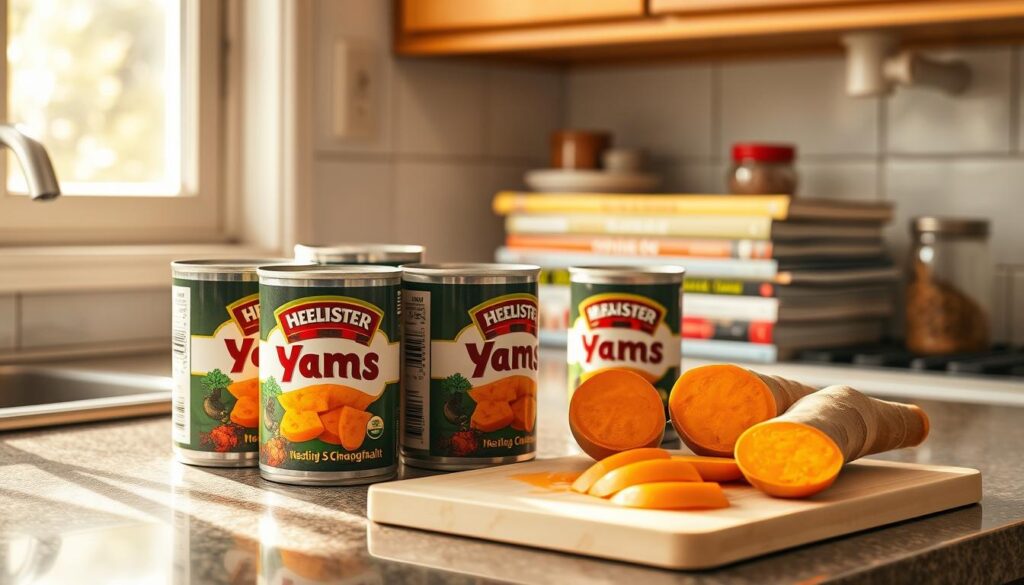 A neatly organized kitchen counter, bathed in warm, natural light from a nearby window. In the foreground, several cans of yams stand upright, their colorful labels facing outward. Beside them, a cutting board holds a freshly sliced yam, its vibrant orange flesh glistening. In the background, a stack of cookbooks and a jar of spices suggest the tools and ingredients needed to transform these canned delights into a delectable side dish. The scene conveys a sense of culinary preparation and efficiency, hinting at the care and attention required to store and reheat canned yams safely and tastefully.